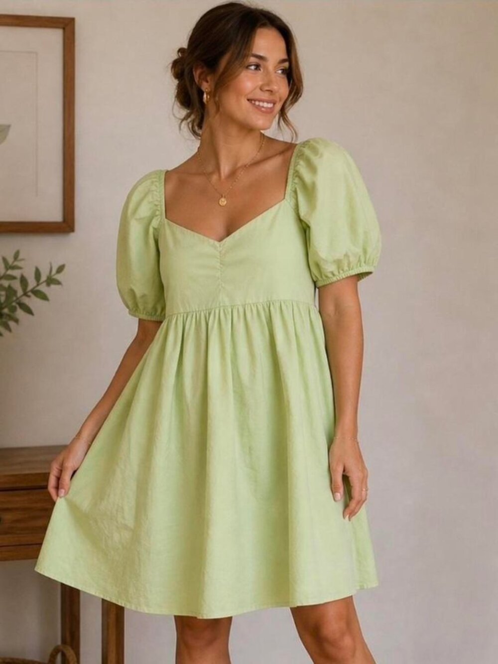 American Eagle Mini Dress Cottagecore Green Puff Sleeve Smocked Back Cotton sz S